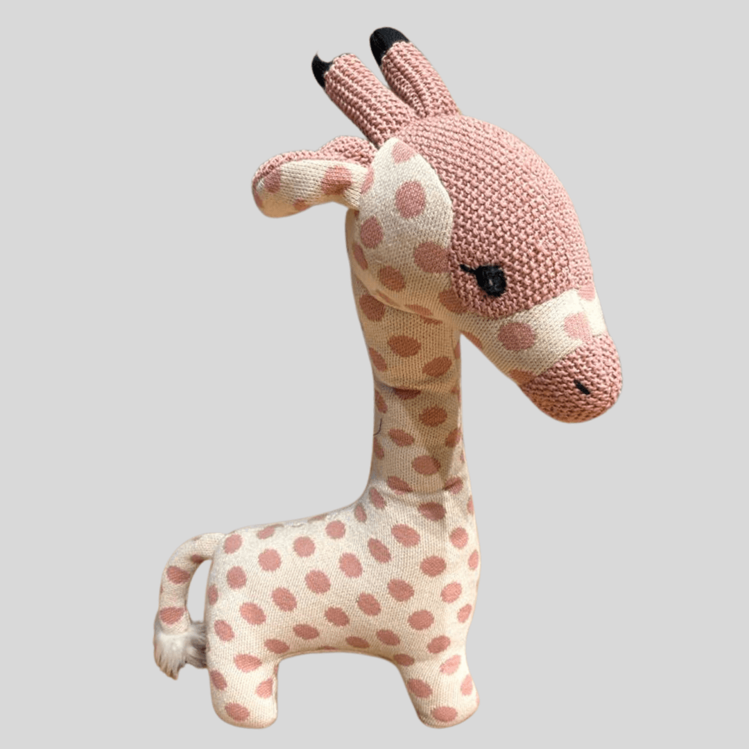 Giraffe Pink 100 Cotton knitted stuffed soft toy Chickabookids